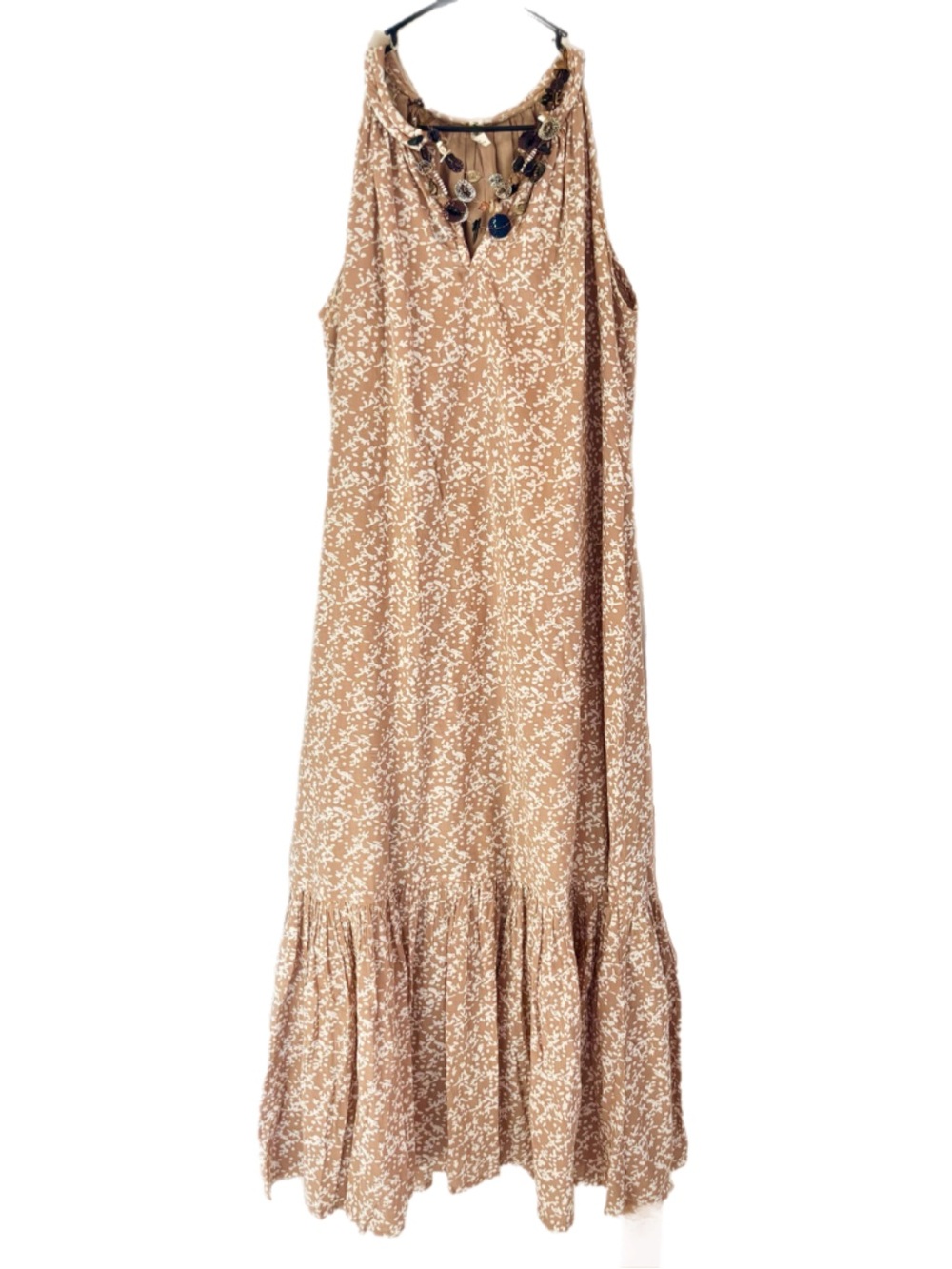 MIRTH Caftans Tent Dress Tan Ivory Print size Large $330 + Chico’s necklace - Picture 8 of 9